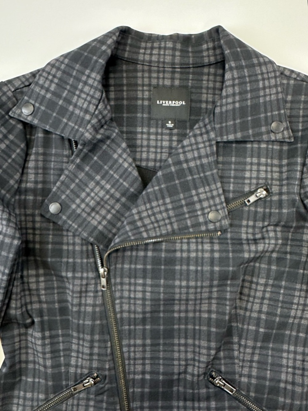 Liverpool Plaid Moto Jacket Ponte Stretch Asymmetrical Zip Small casual Workwear